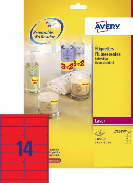 AVERY Etiquette fluorescente, 99,1 x 38,1 mm, rose fluo