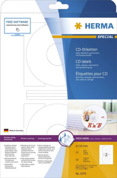 HERMA CD/DVD-Etiketten SPECIAL, Durchmesser: 116 mm, weiß