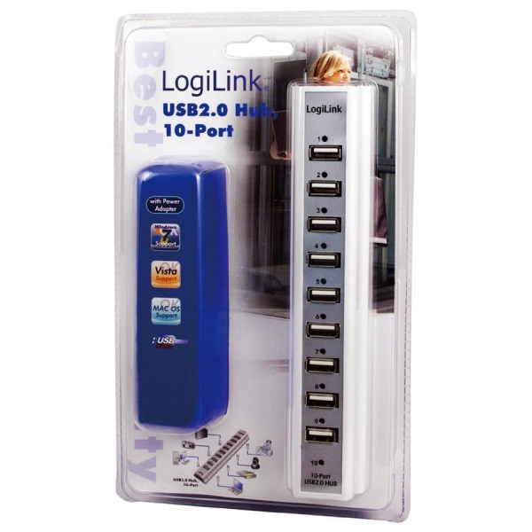 LogiLink USB 2.0 Hub mit Netzteil, 10-Port, schwarz