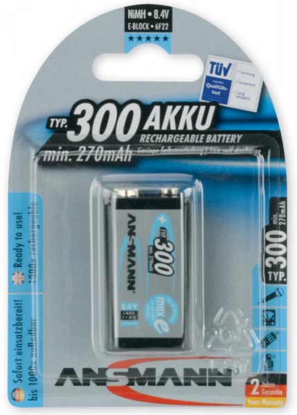 ANSMANN NiMH Akku maxE, 9V E-Block, 300 mAh, 1er Blister