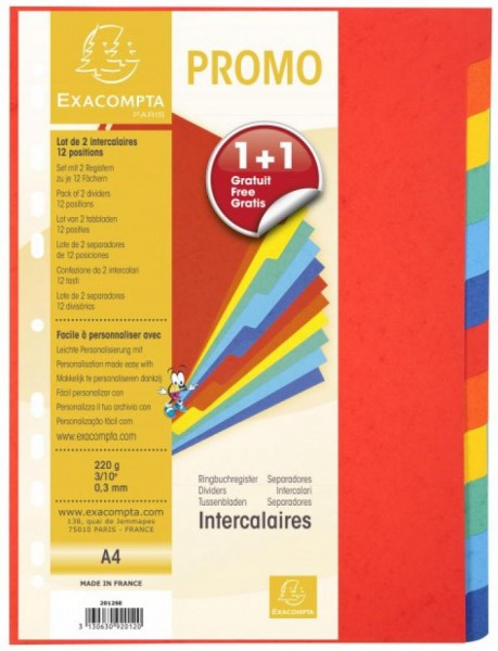 EXACOMPTA Karton-Register, DIN A4, 12-teilig, Promopack 1+1
