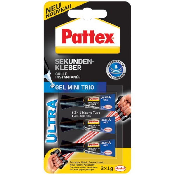 Pattex Sekundenkleber Ultra Gel Mini Trio, 3 Tuben à 1 g