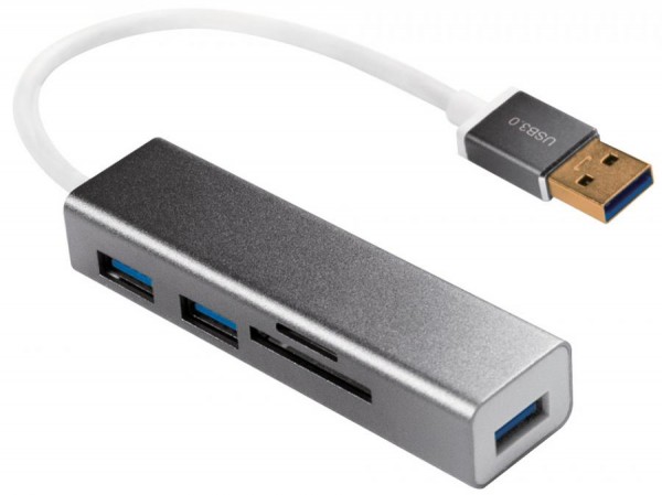LogiLink USB 3.0 Hub + Kartenleser, 3-Port, grau